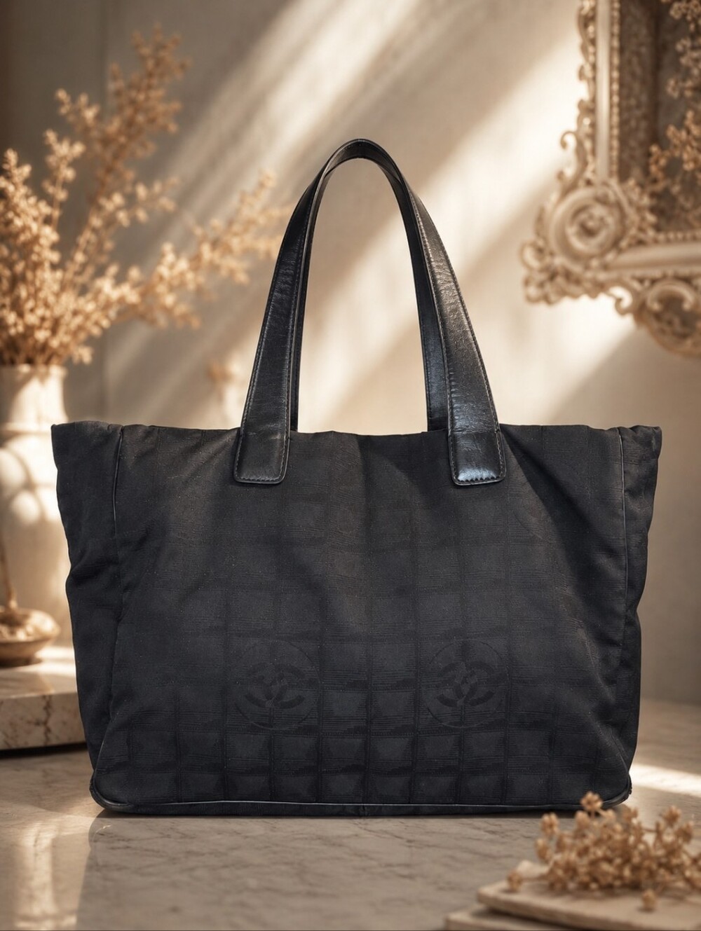 Chanel Travel Line Tote Black CC Logo Jacquard Nylon Shoulder Bag Authentic